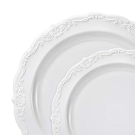 SMARTY HAD A PARTY White Vintage Round Disposable Plastic Dinnerware  Set (120 Dinner Plates+120 Salad Plates), 240PK 860WHVP-CASE